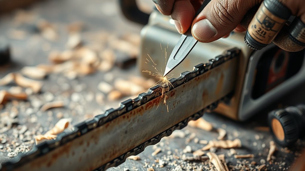 sharpening and cleaning chainsaw