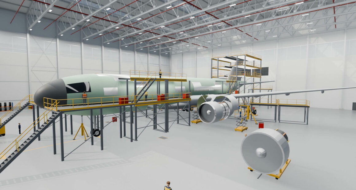 Rendered aircraft maintenance hangar with an airliner in a yellow work dock, one engine on a stand and technicians on platforms
